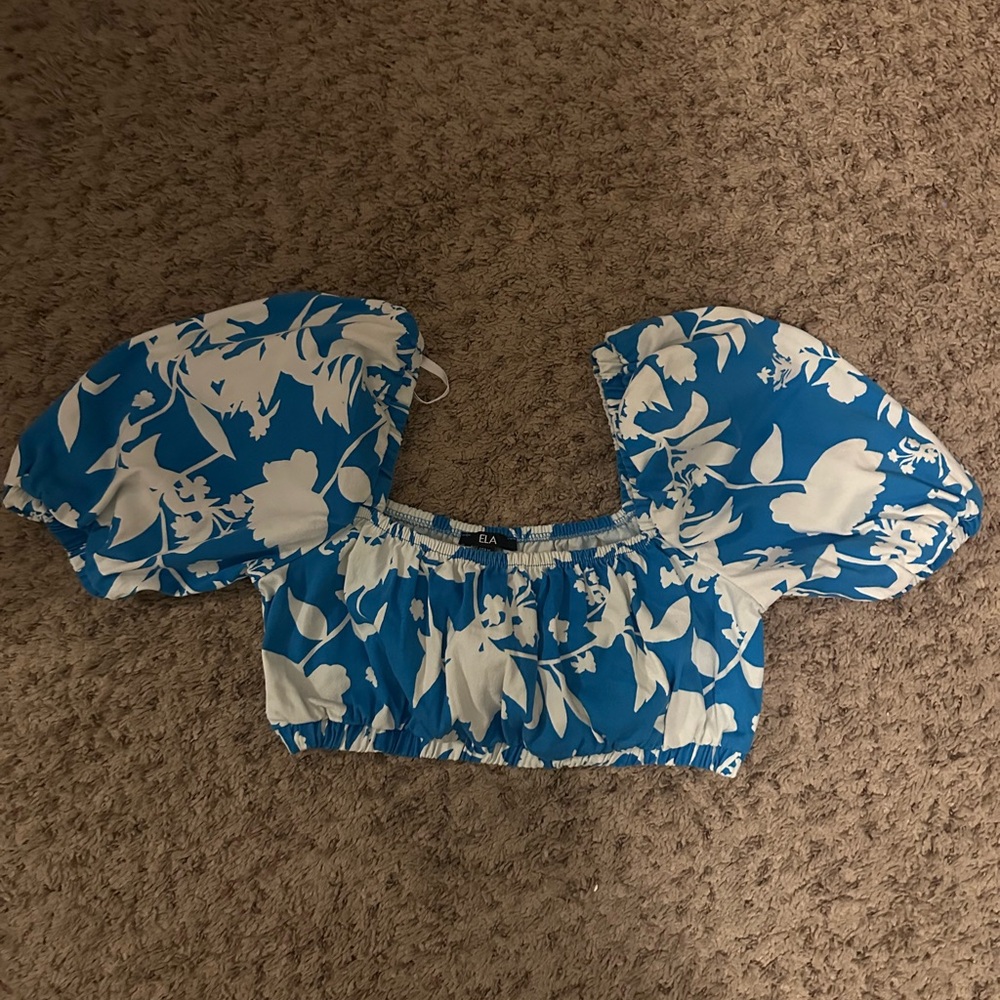 White and Blue Crop Blouse with Puffed Sleeves